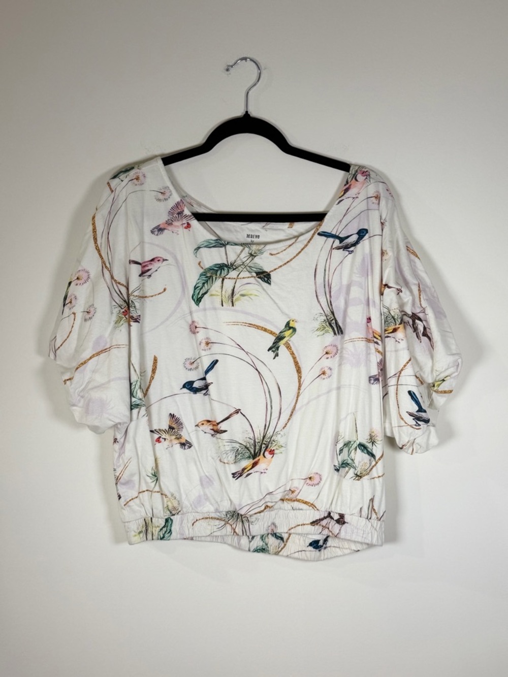 Anthropologie White Bird-Print Puff Sleeve Tunic